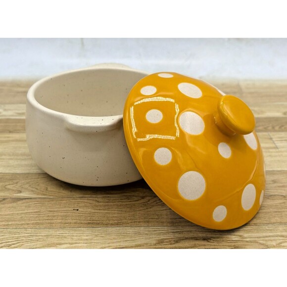 World Market Spotted Mushroom Lidded Soup Crock Gold Yellow Speckled Stoneware - Picture 5 of 14